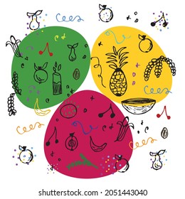 Collection of multicolored and black and white doodles. Decorative banner with colorful doodles. Hand-drawn modern illustration with fruits and abstract elements