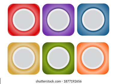 Collection of multicolored blank badges. Red, purple, blue, yellow, orange, green. Used as a button, sticker, icon for web design, advertising. For silhouettes of different shapes