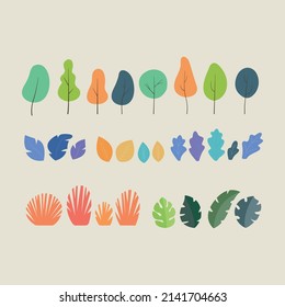 Collection of multi-colored bright isolated plants. Colorful flat illustration.