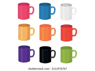 Collection of multi-colored bright mugs, plastic, glass, clay
