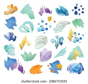 Collection of multicolored brush strokes. Watercolor backgrounds with spots, lines, blots. Abstract splashes.