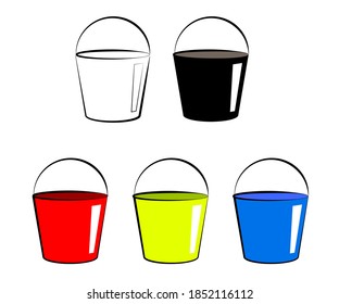 Collection of multi-colored buckets on a white background. Symbol. Vector illustration.
