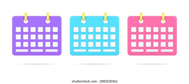 Collection multicolored calendars on spring with day, month for agenda reminder template 3d icon vector illustration. Set bright schedule for control deadline, time management isolated on white