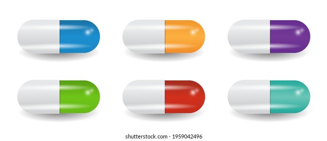 Collection of multicolored capsules pills. Medicine objects. Set of vector illustration