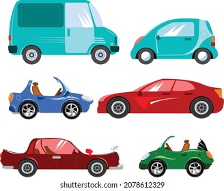 Collection of multicolored cars of different brands, illustration