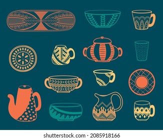 Collection of multicolored ceramic dishes on a dark background. A set of kitchen utensils. Simple sketch, sketch, handmade pottery 