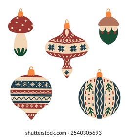 Collection of multi-colored Christmas balls. Christmas tree decor. Illustration for postcard, banner, poster. Toys made of green, yellow, red, blue, beige glass.