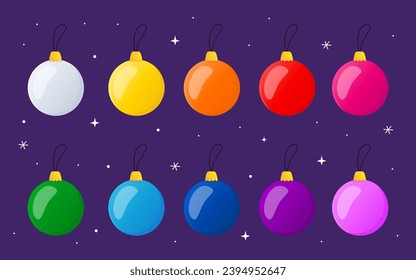 Colección de bolas de Navidad multicolores. Blanco, amarillo, naranja, rojo, morado, azul, verde. Juguetes de Año Nuevo. Decoración de árboles de Navidad. Ilustración para una postal, pancarta de Año Nuevo, afiche.