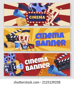 Collection multicolored cinema banner with place for text vector flat illustration. Film movie theater advertising video camera, filmstrip, popcorn, tickets and clapperboard. Cinematography festival