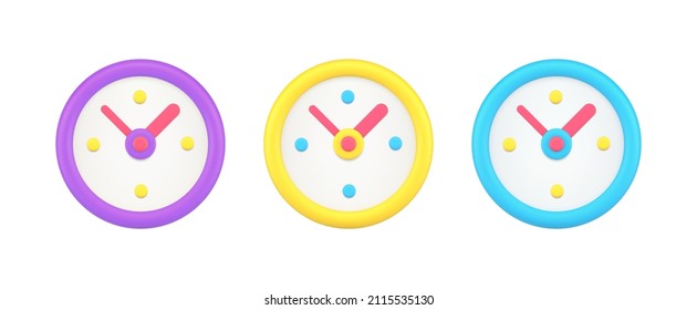 Collection multicolored circle wall watch with arrows for checking time 3d vector illustration. Set purple, yellow and blue analog round clock daily routine reminder notification of important meeting