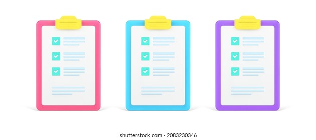 Collection multicolored clipboard paper document check to do list with checkmarks 3d icon template vector illustration. Set of bright check planning analyzing information task agenda isolated on white