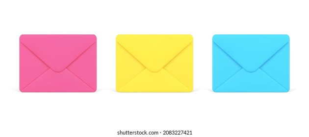 Collection multicolored closed envelope postal cyberspace notification 3d icon template vector illustration. Set bright incoming sent paper documents mail or email important information isolated