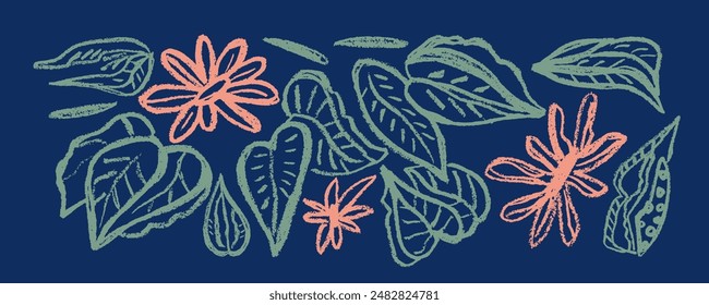 Collection  with multicolored  different blooms and leaves : peonies, roses, anemones. Hand drawn black paint illustration with abstract floral motif. Botanical hand drawn paint brush stroke