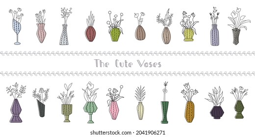 Colección de jarrón multicolor de doodle con flores de jardín y ramas sobre fondo blanco. Flores estilizadas dibujadas a mano. Objetos planos para el afiche de la pared, tarjetas para niños habitación