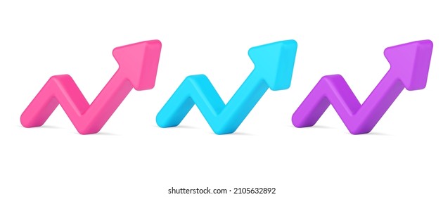 Collection multicolored dynamic up direction pointer arrow for business graphic diagram analyzing 3d icon template vector illustration. Set of bright upward point symbols isolated on white