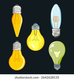Collection of multi-colored electric bulbs. Vector illustration for creative projects.