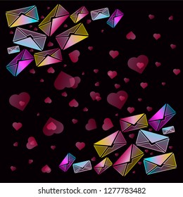 A collection of multi-colored envelopes with flying hearts. On a dark burgundy background. Valentine's Day. Love symbol.