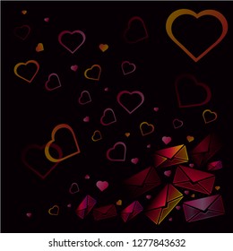 A collection of multi-colored envelopes with flying hearts. On a dark burgundy background. Valentine's Day. Love symbol.