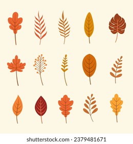 Collection of multicolored fallen autumn leaves set on beige background, decorative, vector illustration.