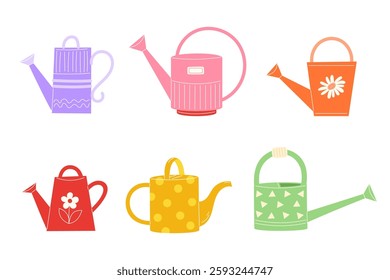 Collection of Multicolored Garden Watering Cans with Geometric Patterns, Perfect for Spring Gardening and Outdoor Decoration
