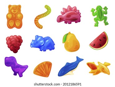 Collection Of Multicolored Gummy Jelly Candies Vector Realistic Illustration. Set Bright Sweet Chewy Fruit Vitamin Delicious Isolated On White. Childish Gelatin Snack With Funny Animals Creature Shape