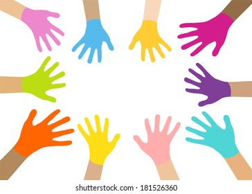 Collection of multicolored hands isolated in white. Vector EPS8.