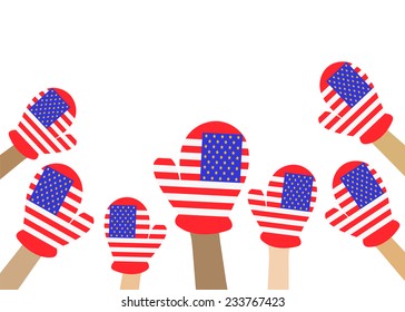 Collection of multicolored hands with national flags of usa, isolated in white background. Vector EPS10.