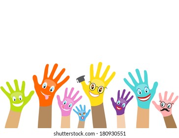 Collection of multicolored hands with smiles isolated in white. Vector EPS10.