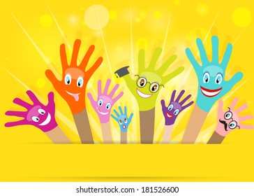 Collection of multicolored hands with smiles on the background of colorful bokeh. Vector EPS10.