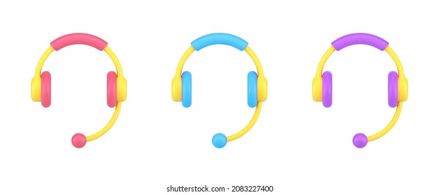 Collection Multicolored Headset With Microphone For Remotely Communication Or Music Radio Live Stream Leading Template 3d Icon Vector Illustration. Headphones With Mic Modern Device Isolated On White