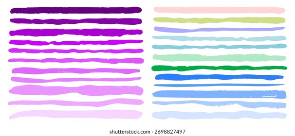 Collection of multicolored horizontal brush strokes as design elements, backgrounds, color swatches. Vector illustration of hand-drawn horizontal stripes of varying thickness with jagged, torn edges.