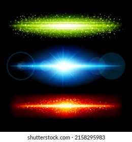 Colección multicolor iluminado explosión de brillo partículas de polvo aleatorias modelo de ilustración vectorial realista. Establecer puntos brillantes de luz de haz de luz en el espacio exterior destellan luces de destello de lente flare de lente puntos vibrantes