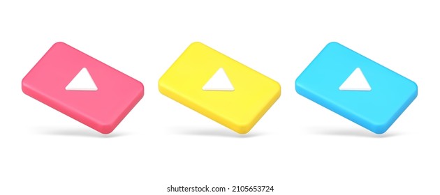 Collection multicolored isometric play buttons user interface decorative design 3d icon vector illustration. Set rectangle video start broadcasting badge entertainment digital content isolated