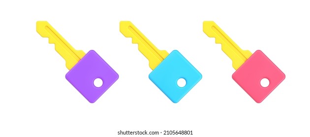 Collection multicolored keys for lock close and open 3d icon template isometric vector illustration. Set bright equipment for unlock access security cyberspace button private badge with hole for hang