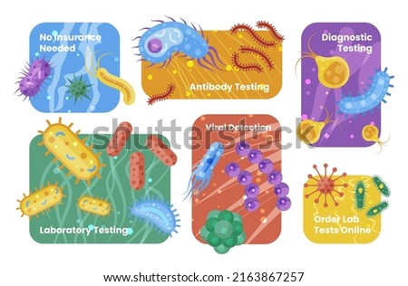 Collection multicolored laboratory testing poster probiotic bacteria, virus, germ, microbe, microorganism vector illustration. Set lab searching diagnosis analyzing medical microbiology organism