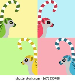 colección de lemures multicolores sobre fondo coloreado, gráficos vectoriales,