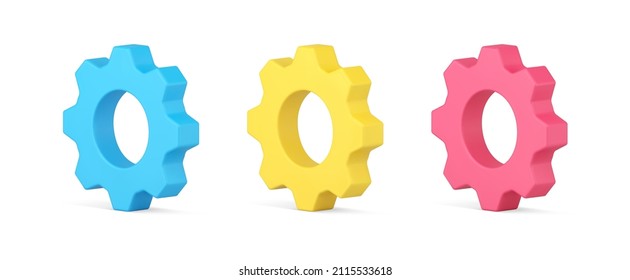 Collection multicolored machinery gear mechanism 3d template isometric vector illustration. Set of cogwheel symbol of industrial engineering innovation development technology isolated. Idea progress