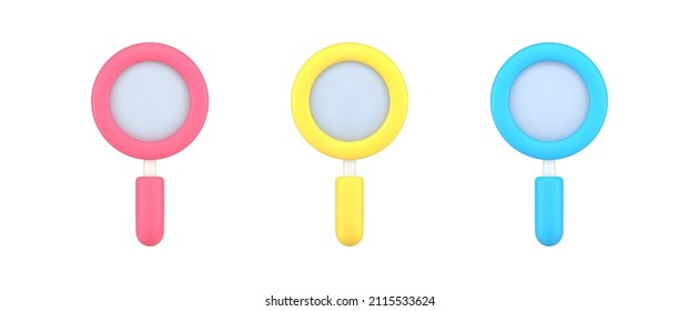 Collection multicolored magnifying glass symbol of learning, science, contemplation 3d icon vector illustration. Set examination magnifier for discovery, looking, magnification and research isolated