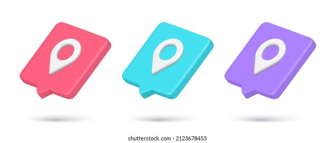 Collection multicolored map pin location pointer quick tips 3d icon vector illustration. Set realistic GPS internet notification navigation marker global finding position control monitoring service