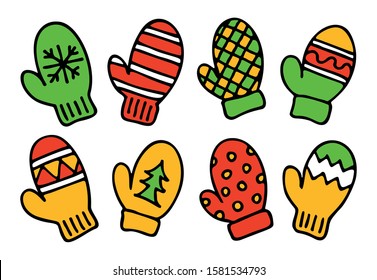 Collection of multi-colored mittens isolated on white background