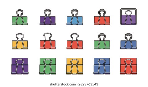 Collection of multi-colored office binder clip icons featuring green, purple, blue, red, and yellow stationery items arranged in a grid pattern isolated on a plain white background.