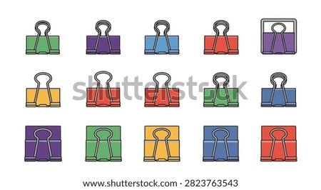 Collection of multi-colored office binder clip icons featuring green, purple, blue, red, and yellow stationery items arranged in a grid pattern isolated on a plain white background.