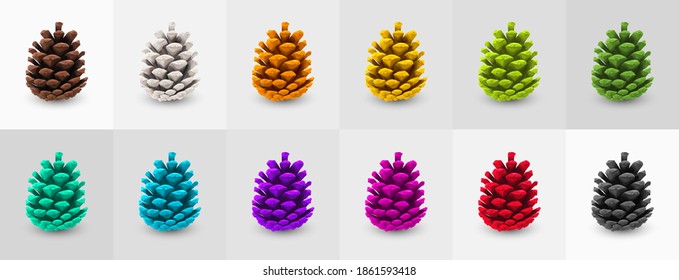 Collection of Multicolored Painted Pine Cones. Holiday Decorations. Pine Cone Icon, Symbol, Decor, Gift. Ecology Concept. Vibrant set for Amazing Designs. Realistic 3D Vector Illustration