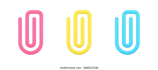 Collection multicolored paper clip for document attachment template 3d icon vector illustration. Set staple fixing stationery equipment for memo message page connect isolated. Fastener fix accessory