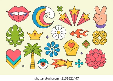 Colección de elementos gráficos de arte pop multicolor pegatinas de contorno de verano diseño decorativo ilustración de dibujos animados vectores. Poner una camiseta brillante imprimir labios divertidos, arco iris, corazón, estrella, palmera