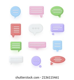 Collection multicolored realistic speech bubble 3d icon isometric vector illustration. Set dialogue chat discussion quick tips network message. Talking internet business text communication elements