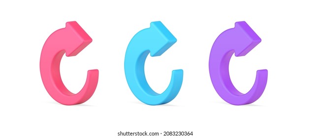 Colección de flecha de rotación multicolor apuntando hacia la dirección 3d ilustración vectorial de icono isométrico. Establecer el movimiento circular el símbolo de elemento decorativo actualizar, rotar, recargar, subir diseño brillante aislado