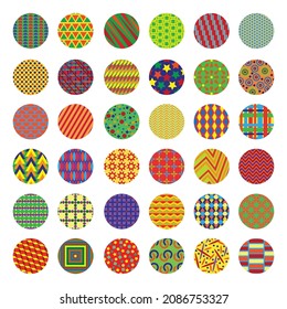 Collection of multicolored round backgrounds with geometric ornaments. Covers for highlights, banners.
