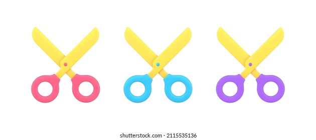 Collection multicolored scissors with rings handles and sharp blade for cutting, chopping, slicing 3d icon isometric vector illustration. Set of equipment for stylist work hairdressing or barbershop