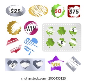 Collection of multicolored scratch win labels vector realistic illustration. Set of marks with scratching effect for ticket lottery isolated. Luck and fail gambling emblem at lottery tickets design